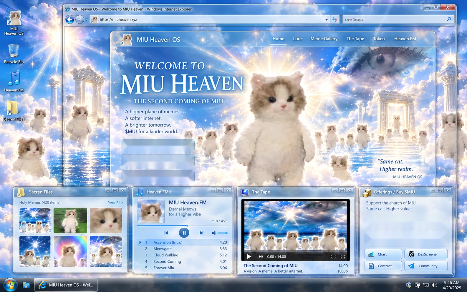 MIU Heaven OS: luminous Windows Vista desktop, sacred files, heaven radio and Miu on the clouds