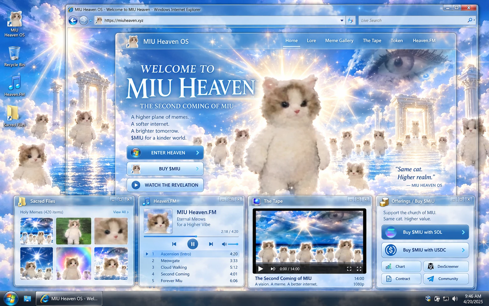 MIU Heaven OS: luminous Windows Vista desktop, sacred files, heaven radio and Miu on the clouds